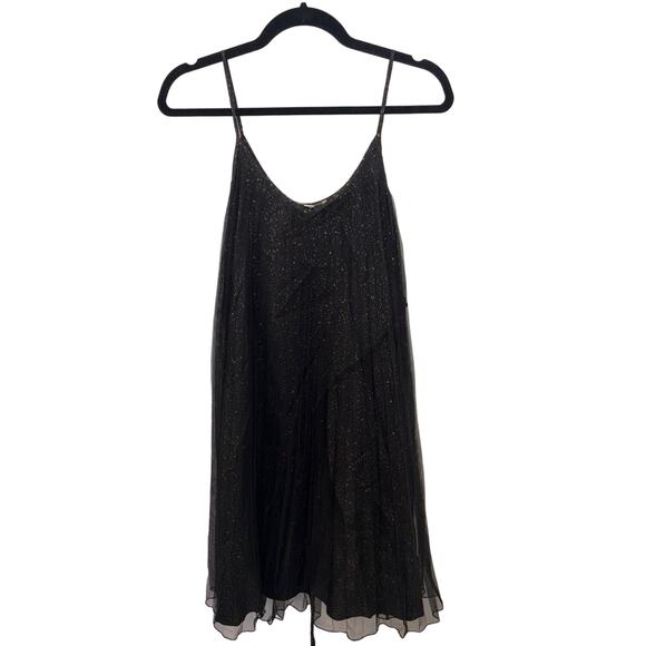 7 For All Mankind Black Gold‎ Speckled Silk Micro Pleated Accordion Mini Dress - Picture 1 of 12